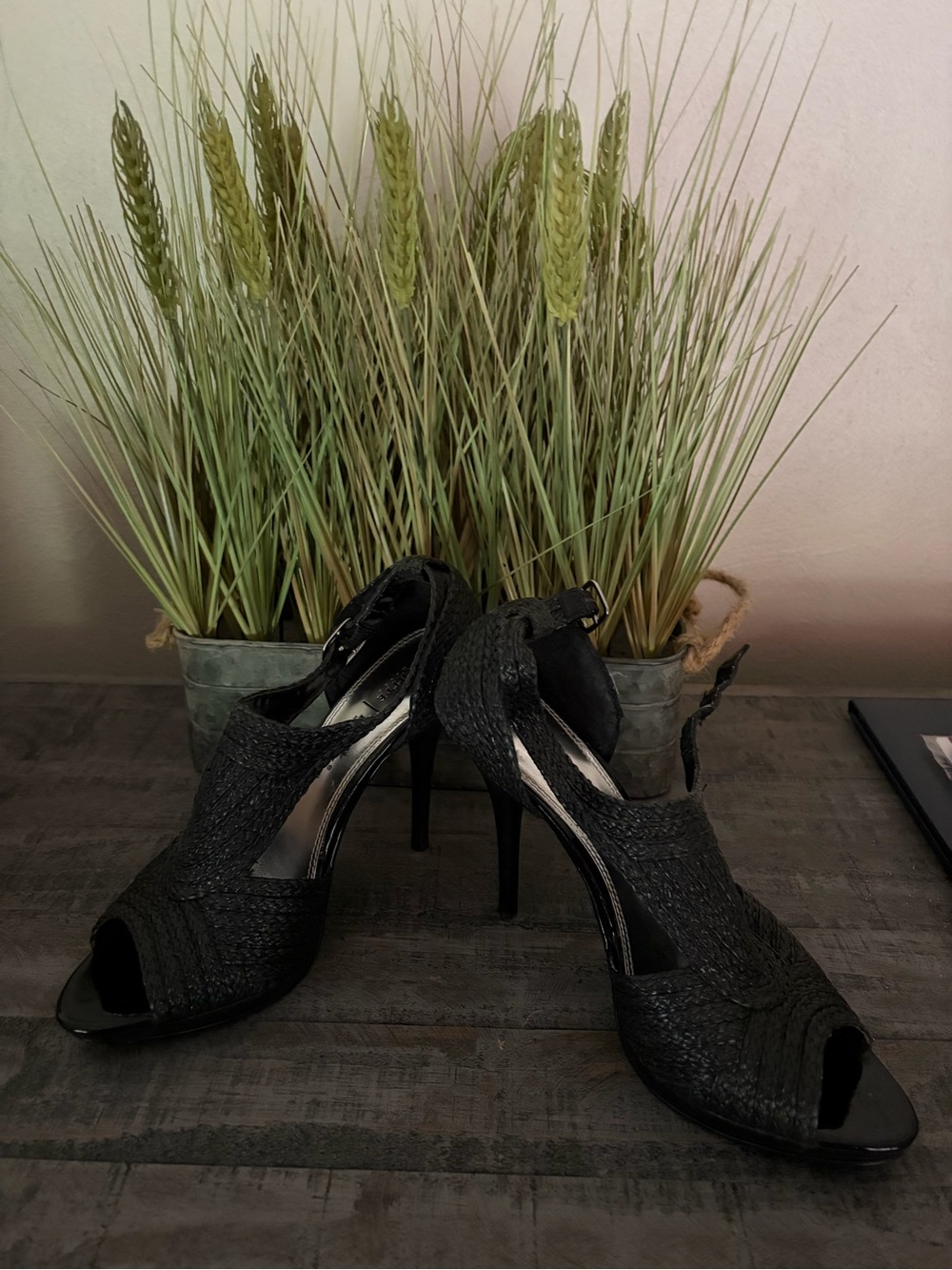 White House Black Market Black Peep-Toe Textured Stiletto Sandals